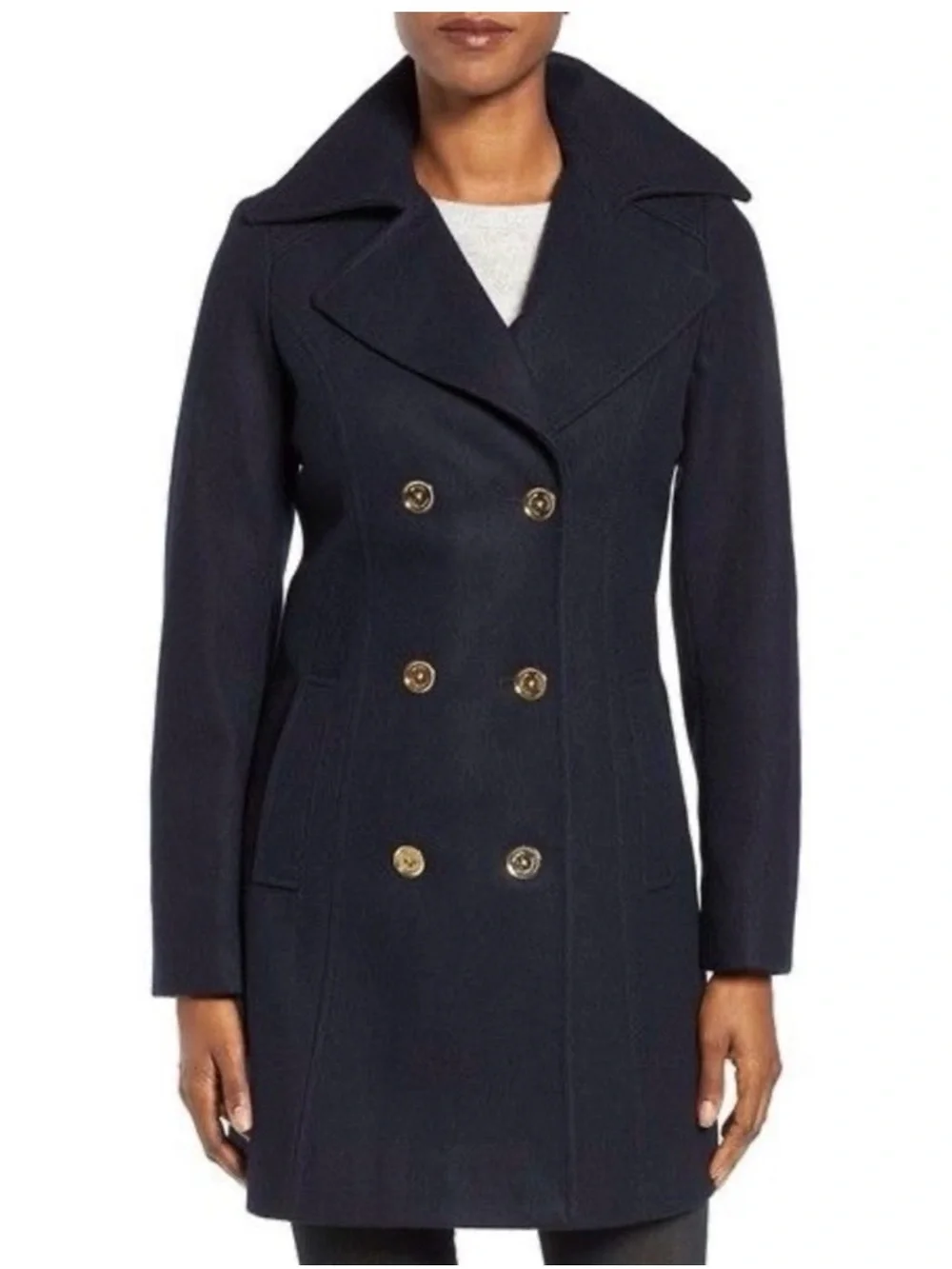 Michael Kors Classic Double-Breasted Skirted Wool Peacoat in Navy Size Small